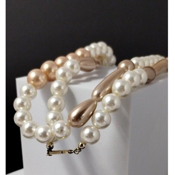 Hollywood Regency Faux Pearl Necklace Champagne Tear Drop Cylinder 38" Graduated - Picture 6 of 6